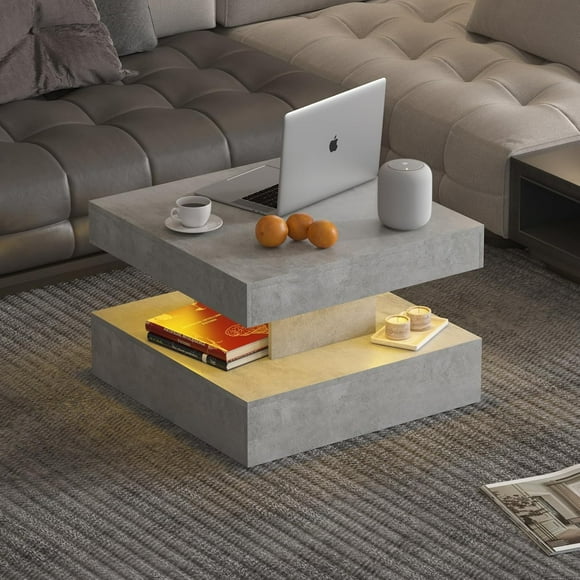 Small Grey Led Coffee Table for Living Room, 23.6" Wood Square 2-Tier Storage Modern Center Table, Modern High Glossy Wooden Coffee Tables for Small Space