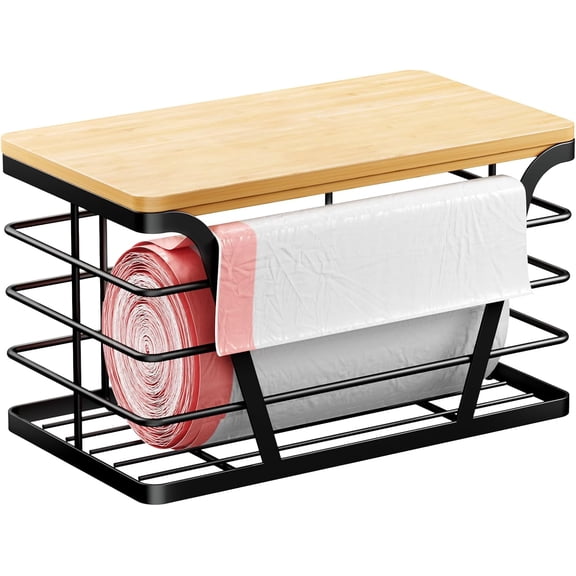 Small Grocery Bag Holder with Removable Bamboo Top, Wall Mount Trash Bag Organizer, No Drill Installation, Stainless Steel, Black Kitchen Storage Rack