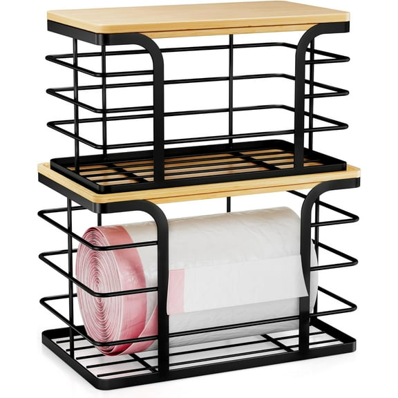 Small Grocery Bag Holder,Wall Mount Trash Bag Holder Dispenser with Bamboo Top,Suitable for Garbage Bags of 100 Rolls under 13 Gallons,Pink