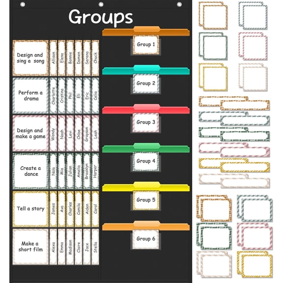 Small Group Management Pocket Chart for School, Class Jobs Chart with 48 Pockets & 84 Cards, Small Group Organizer for Classroom, Teacher Supplies (Black)