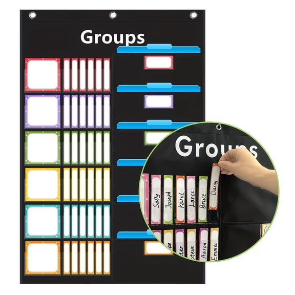 Small Group Management Pocket Chart for Classroom - Black Organizer with 96 Cards & Hooks