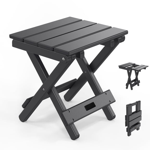Small HDPE Folding Side Table, Plastic Waterproof Portable Adirondack Coffee End Tables, All Weather for Patio, Backyard, Pool, Indoor Use, Slats Style, Black