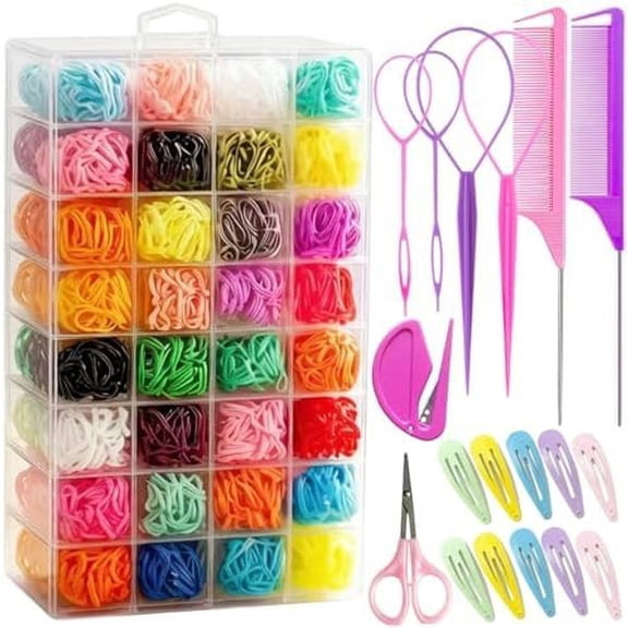 Small Hair Rubber Bands, 2000 count in 32 Colors with 18 Styling Tools,including rat tail comb, topsy tail tools, snap clips, and elastic , Mini Elastic Hair Ties for ,,