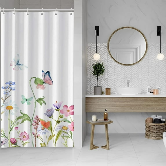 Small Half Size Stall Shower Curtain with 6 Hooks Shower Stall Curtain 36 x 72 Butterfly Wildflowers 36 inch Shower Curtain for Bathroom/RV and Camper (Butterfly)