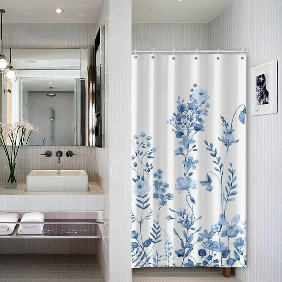 Small Half Size Stall Shower Curtain with 6 Hooks Shower Stall Curtain 36 x 72 Light Blue Floral 36 inch Shower Curtain for Bathroom/RV and Camper (Light Blue)