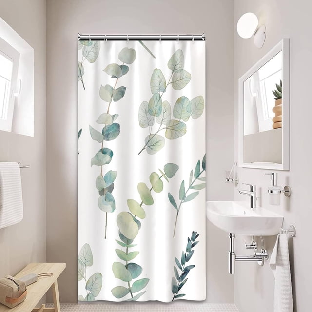 Small Half Size Stall Shower Curtain with 6 Hooks Green Leaves Shower