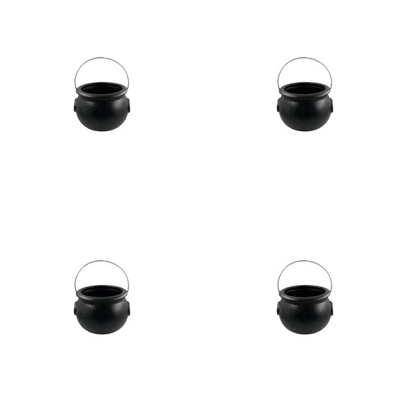 Small Halloween Cauldron Decoration, Black Plastic Candy Holder, 4-Piece Witch Party Table Decor