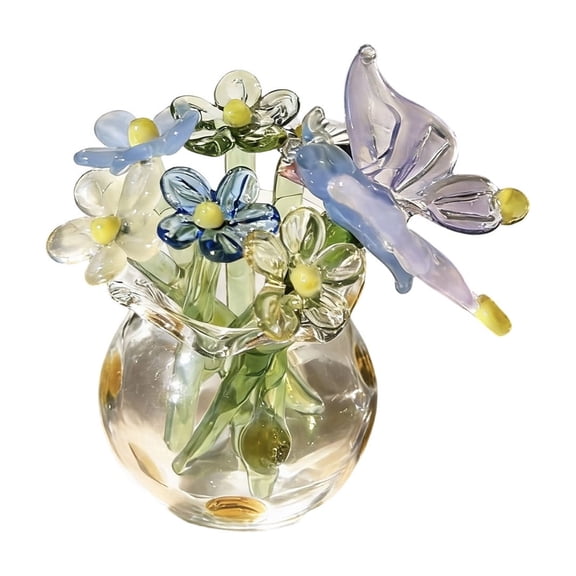 Small Handmade Glass Vase Purple Mini Glass Vase Decor with Faux Flowers and Bird Tiny Table Top Ornament Desktop Decoration for Home Office Shelf Display Hand Blown Glass Art Piece
