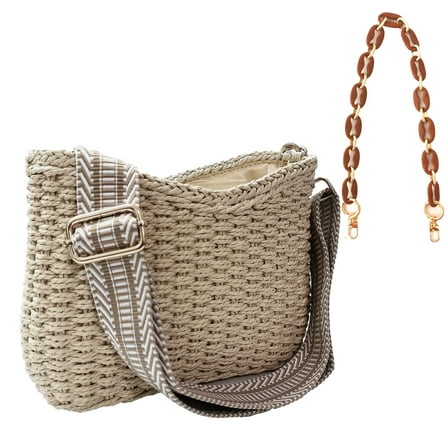 Small Handmade Straw Pocketbook Crossbody Bag for Women, Summer Chic Woven Handbag Shoulder Purse with Chain