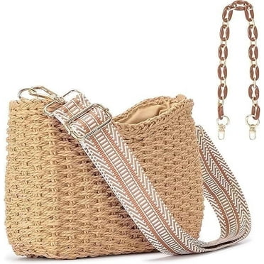 Small Handmade Straw Pocketbook Crossbody Bag for Women, Summer Chic Woven Handbag Shoulder Purse with Chain