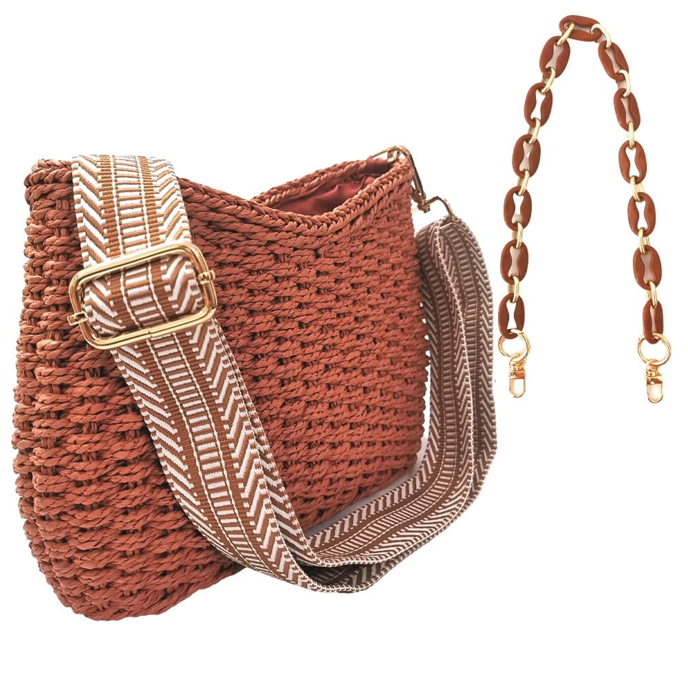 Small Handmade Straw Pocketbook Crossbody Bag for Women, Summer Chic Woven Handbag Shoulder Purse with Chain