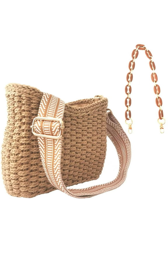 Small Handmade Straw Pocketbook Crossbody Bag for Women, Summer Chic Woven Handbag Shoulder Purse with Chain