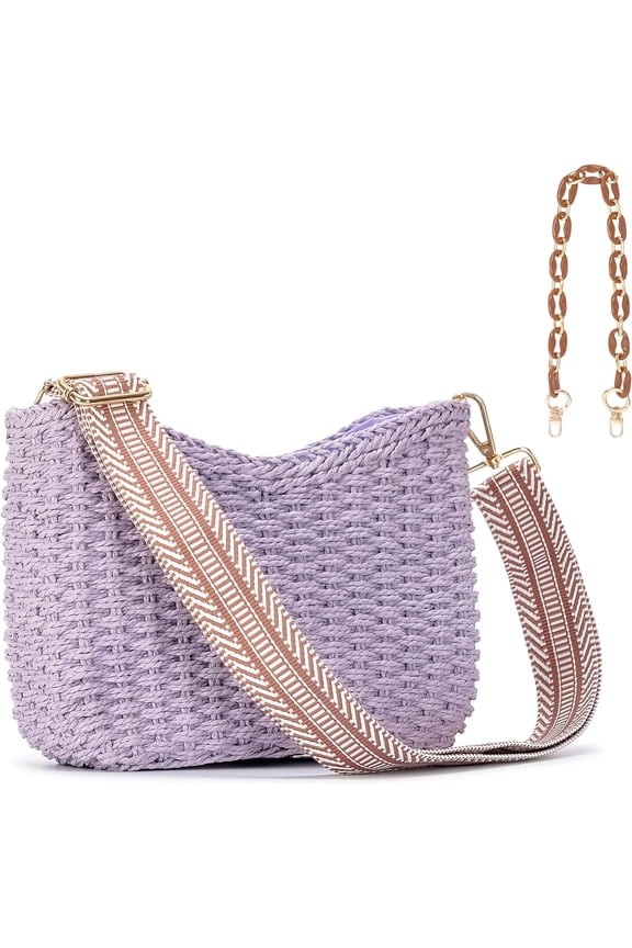 Small Handmade Straw Pocketbook Crossbody Bag for Women, Summer Chic Woven Handbag Shoulder Purse with Chain