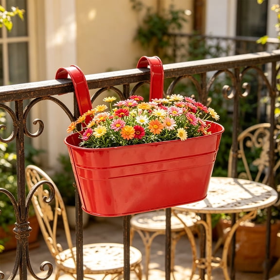 Small Hanging Planters Outdoor, Railing Planter with Drainage Holes, Sturdy Bucket Pots for Railing Fence, Countryside Style Metal Flower Pots for Herbs Balcony Garden Yard Decor