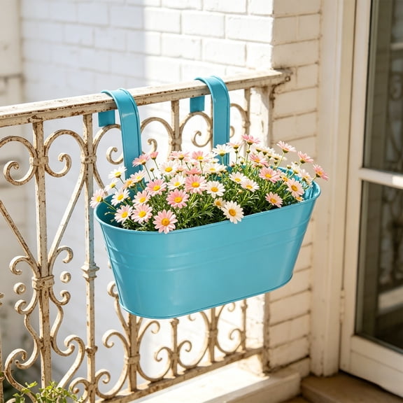 Small Hanging Planters Outdoor, Railing Planter with Drainage Holes, Sturdy Bucket Pots for Railing Fence, Countryside Style Metal Flower Pots for Herbs Balcony Garden Yard Decor