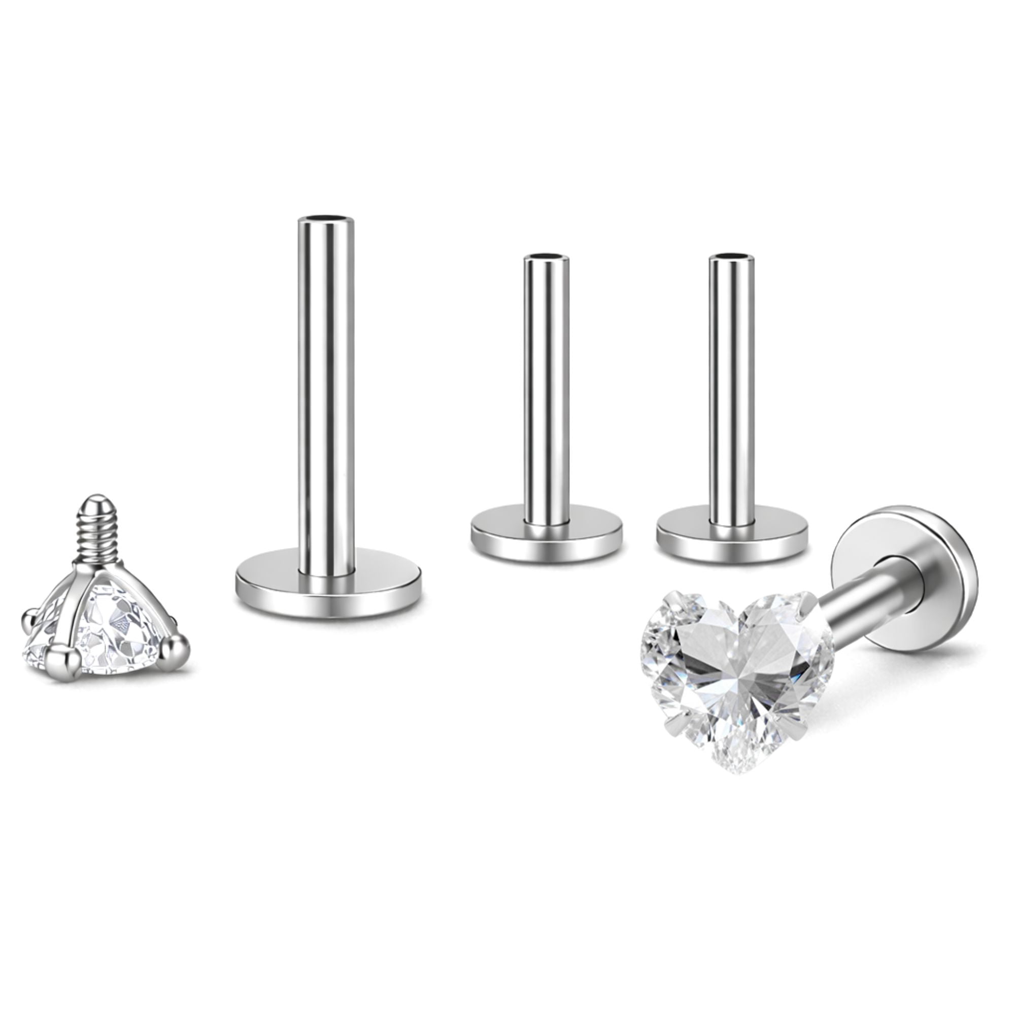 Small Heart CZ Solitaire Flat Back Stud Earrings Body Piercings by Ginger Lyne 2 Sets Post 6mm 8mm Included