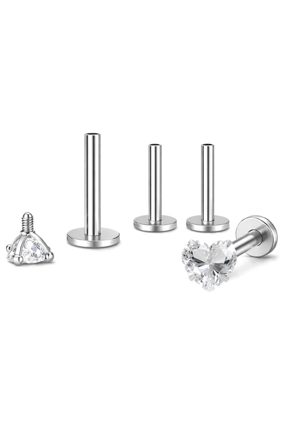 Small Heart CZ Solitaire Flat Back Stud Earrings Body Piercings by Ginger Lyne 2 Sets Post 6mm 8mm Included