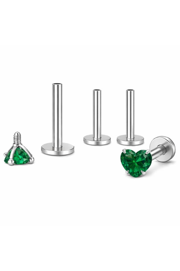 Small Heart CZ Solitaire Flat Back Stud Earrings Titanium Body Piercings by Ginger Lyne 2 Sets Post 6mm 8mm