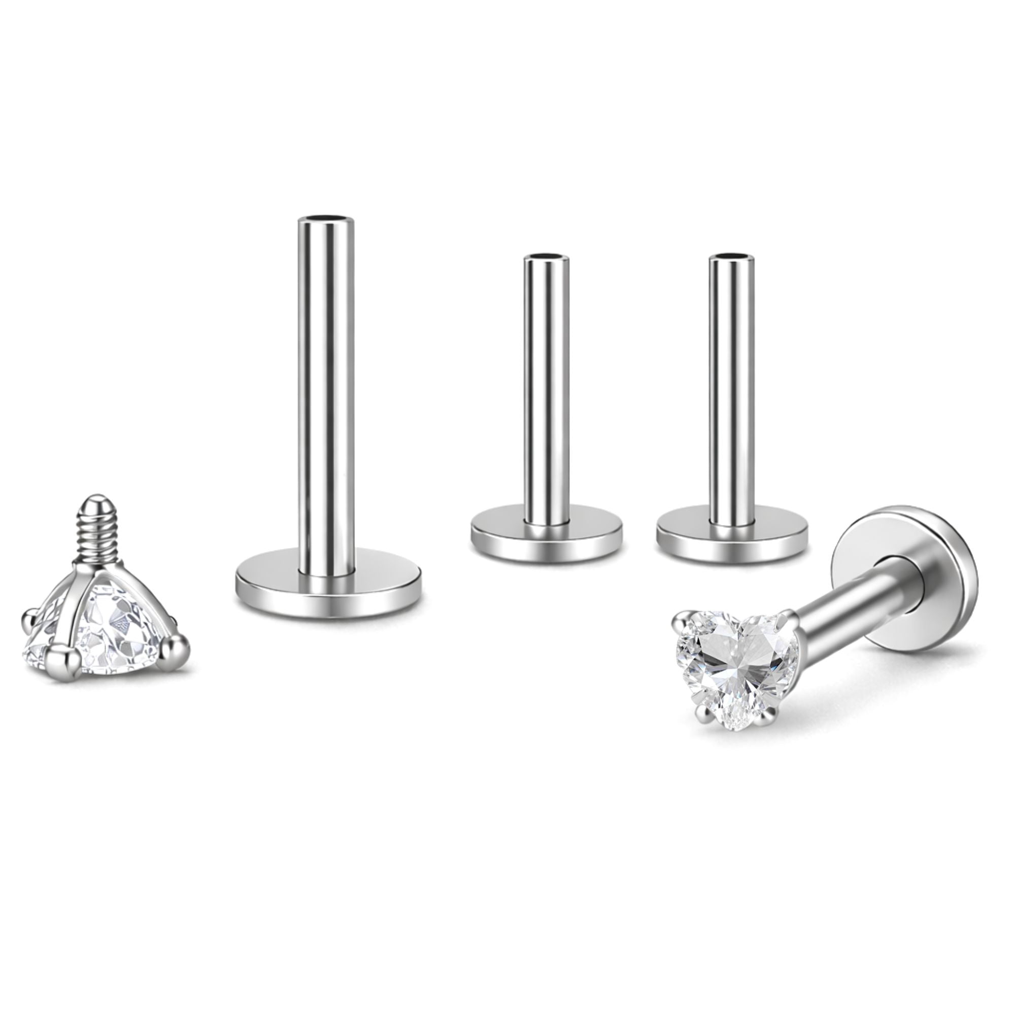 Small Heart CZ Solitaire Flat Back Stud Earrings Titanium Body Piercings by Ginger Lyne 2 Sets Post 6mm 8mm