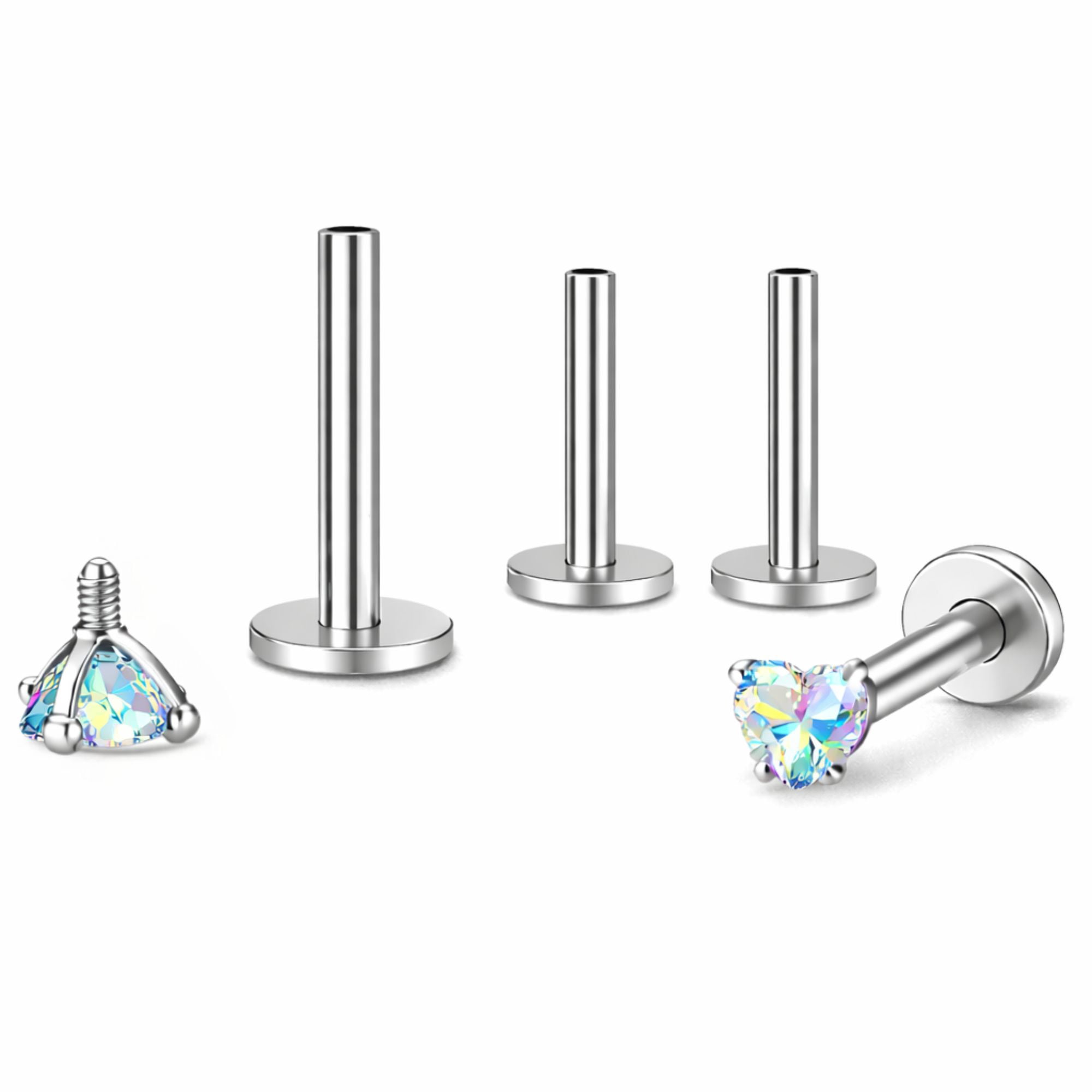 Small Heart CZ Solitaire Flat Back Stud Earrings Titanium Body Piercings by Ginger Lyne 2 Sets Post 6mm 8mm