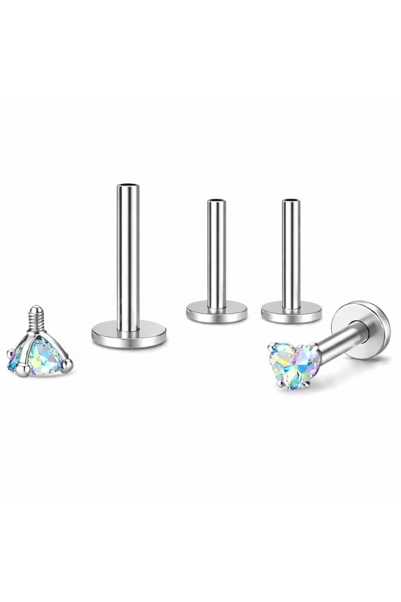 Small Heart CZ Solitaire Flat Back Stud Earrings Titanium Body Piercings by Ginger Lyne 2 Sets Post 6mm 8mm