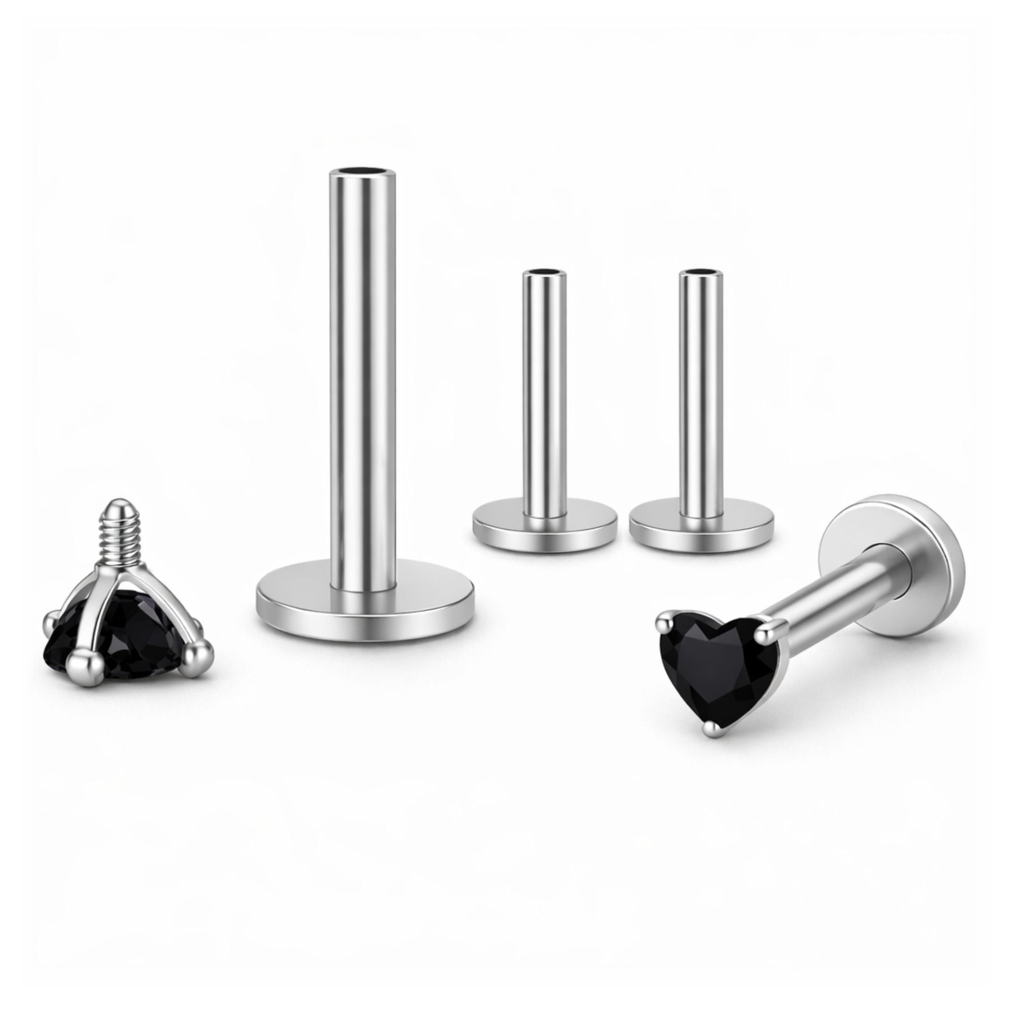 Small Heart CZ Solitaire Flat Back Stud Earrings Titanium Body Piercings by Ginger Lyne 2 Sets Post 6mm 8mm