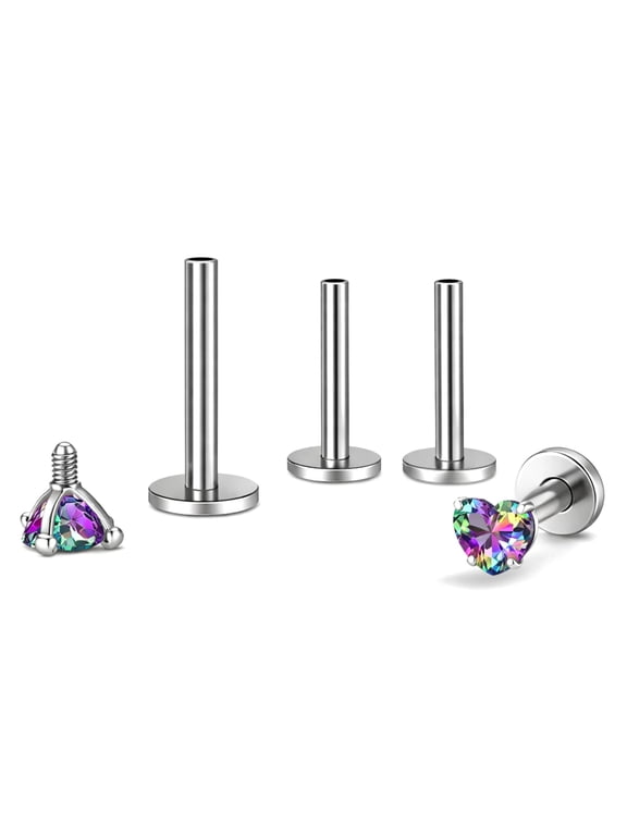 Titanium Flat Back Earrings 3mm Mystic Rainbow Heart CZ Stud Earrings for Women, G23 Conch Helix Tragus Cartilage Labret Lip Piercing Jewelry
