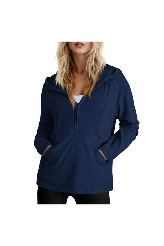 Ltctricy Hoodies for Women Casual Long Sleeve Half Zip Hooded Sweatshirts Loose Pullover Fashion Tops with Pocket(Navy,Large)