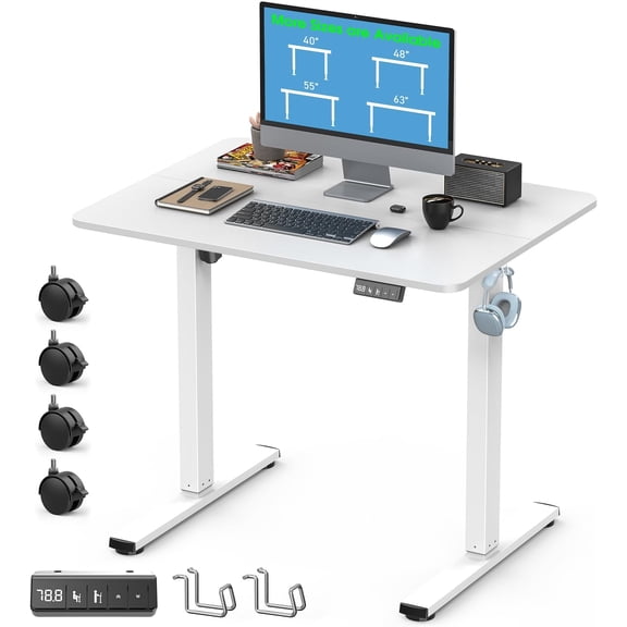Small Height Adjustable Standing Desk, 31.5" x 23.6" Sit Stand up Desk with Splice Board, Rising Computer Office Desk Table with Memory Preset, White Frame/White