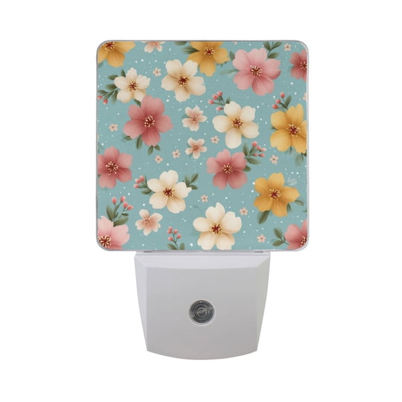 Small Hibiscus Flowers on Pastel Background LED Night Light Sensor Lamp Plug-in Adjustable Brightness 2 Pack