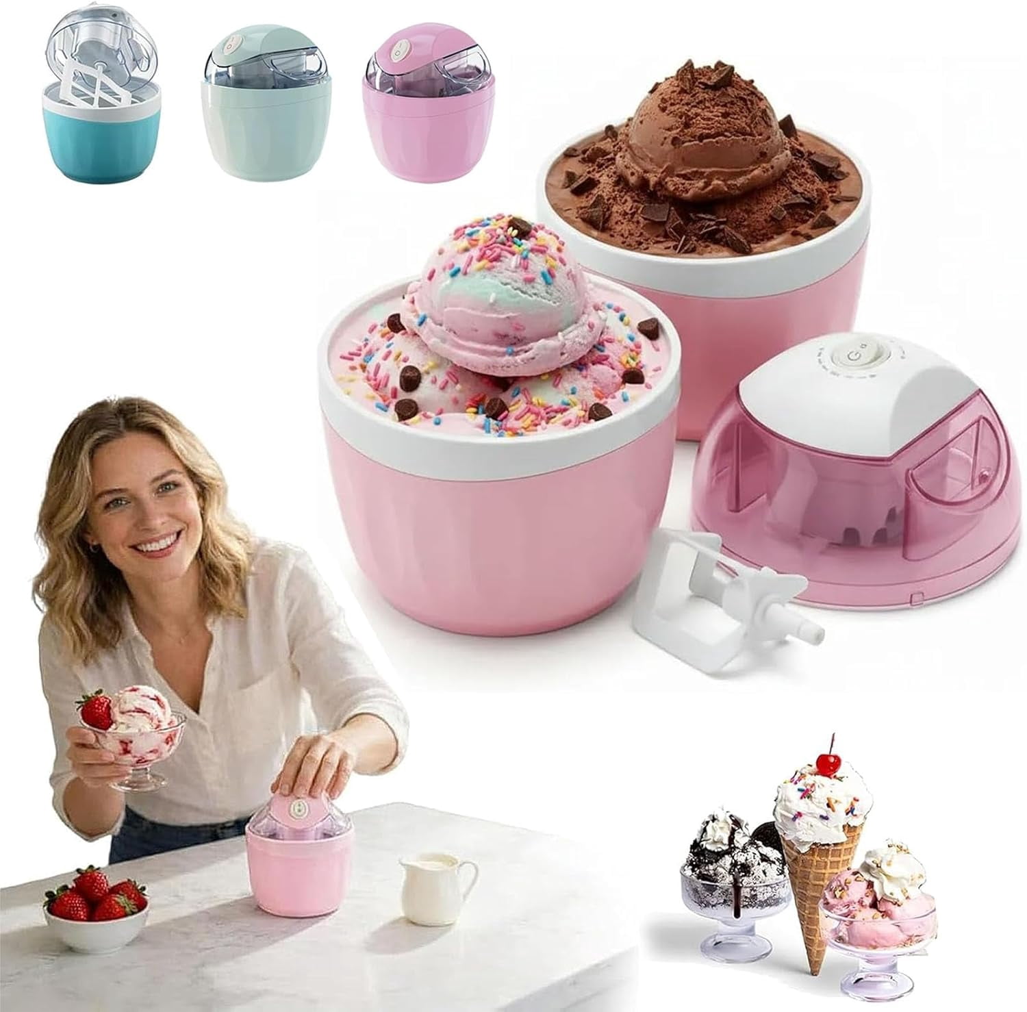 Small Home Mini Ice Cream Maker, 2026 New DIY Mini Ice Cream Maker, 17oz One-Touch Dessert Maker, Single Serving of Ice Cream, Frozen Yogurt, Electric Personal Machine, Family Treats (Pink)