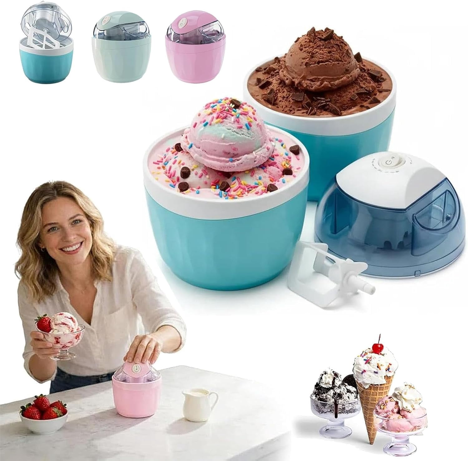 Small Home Mini Ice Cream Maker, 2026 New DIY Mini Ice Cream Maker, 17oz One-Touch Dessert Maker, Single Serving of Ice Cream, Frozen Yogurt, Electric Personal Machine, Family Treats (Blue)