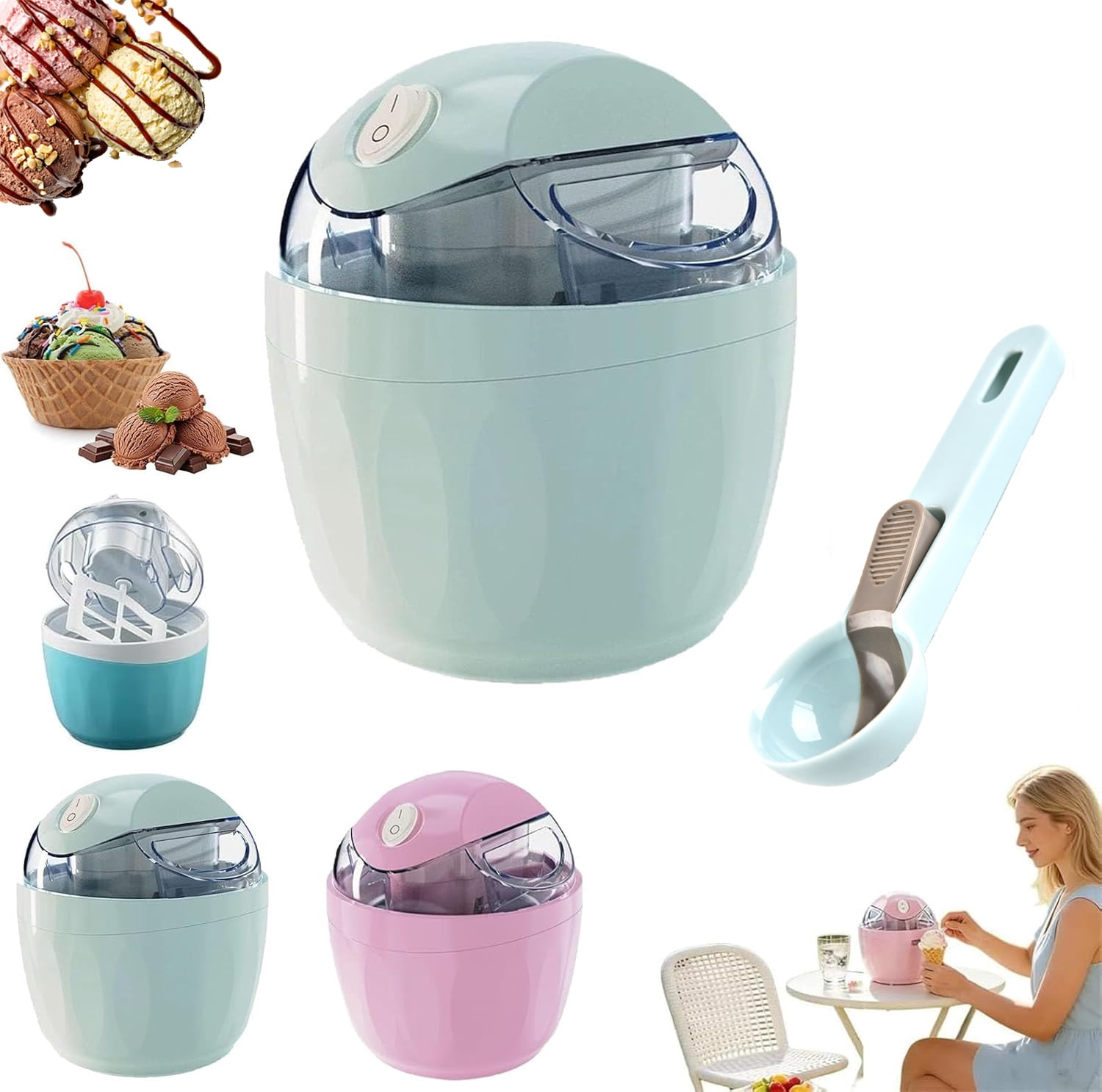 Small Home Mini Ice Cream Maker, Just 15 Minutes, DIY Mini Ice Cream Maker, One-Touch Dessert Maker, Single Serving, Frozen Yogurt, Compact Electric Makers for Kitchen (Green)