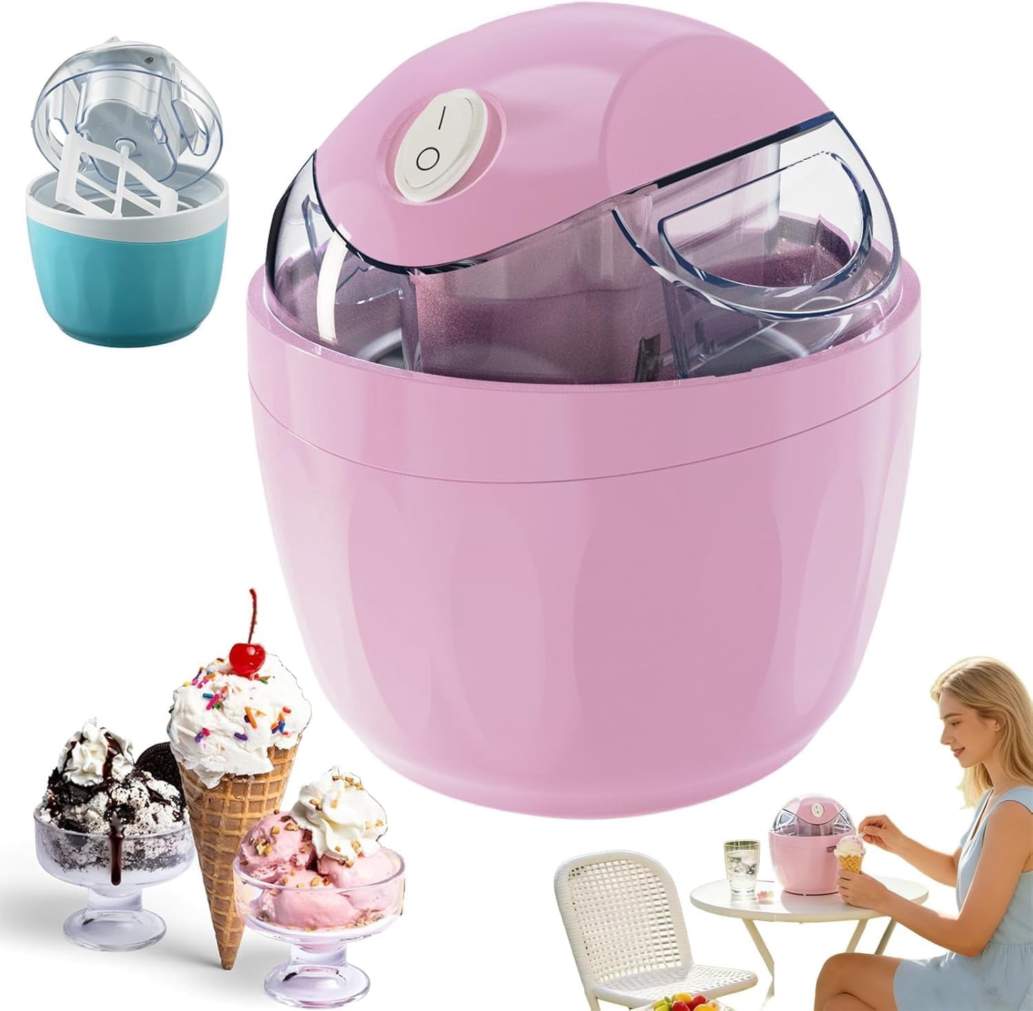 Small Home Mini Ice Cream Maker, Personal Ice Cream Maker, 17oz Electric Gelato & Sorbet Machine for Homemade Frozen Yogurt, Quick 15-Minute Automatic with One-Touch Control for Family (Pink)