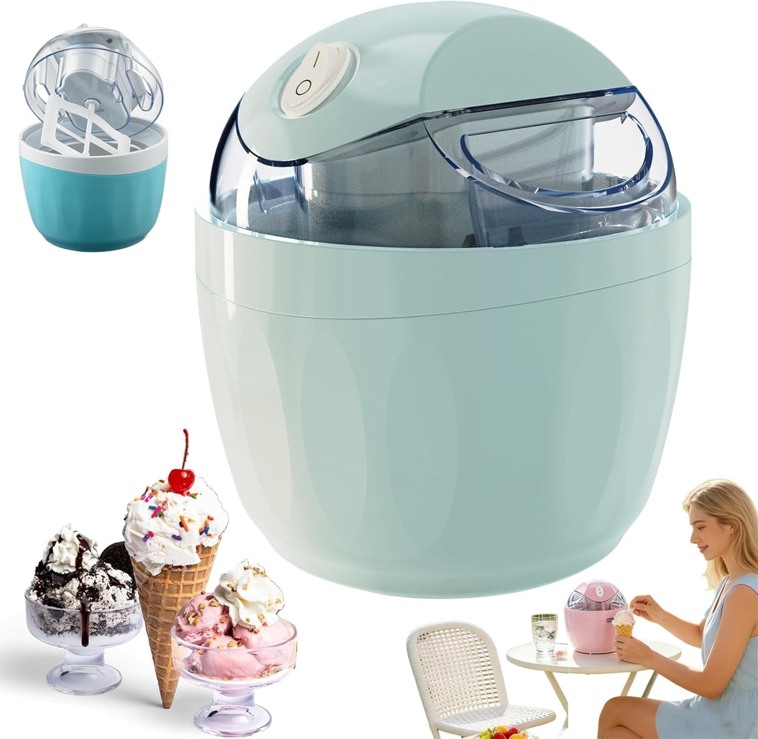 Small Home Mini Ice Cream Maker, Personal Ice Cream Maker, 17oz Electric Gelato & Sorbet Machine for Homemade Frozen Yogurt, Quick 15-Minute Automatic with One-Touch Control for Family (Green)