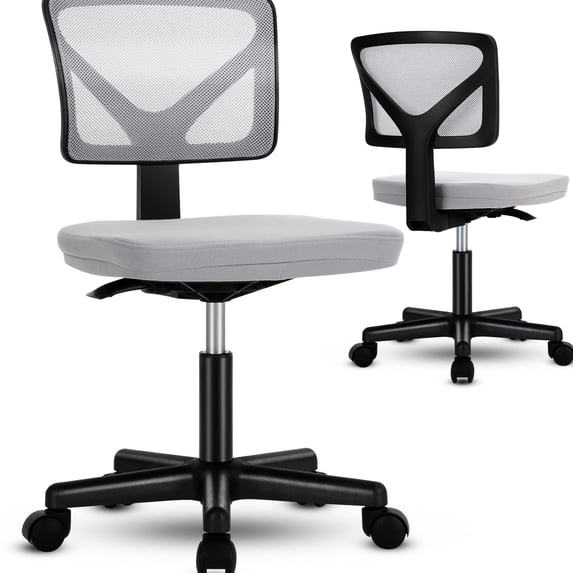 Small Home Office Chair, Armless With Lumbar, Gray Mesh, 360° Rotation, Height Adjustable, Breathable Foam Cushion Desk Chair For Office, Lumbar Aid, Nylon Swivel, Adjustable 16.54"-21.25",