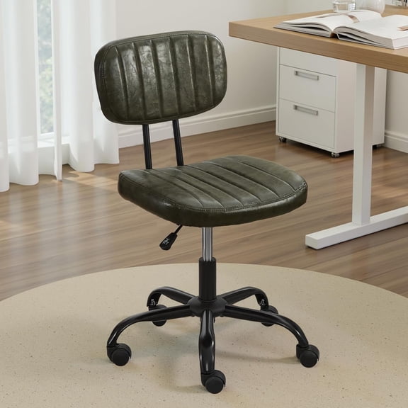 Small Home Office Desk Chair with Wheels, Armless Comfy Vanity Chair Swivel Computer Task Chair No Arms, Modern Height Adjustable Low Back Rolling Chair for Small Space (PU Leather Green)