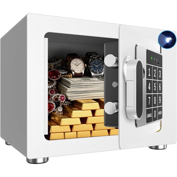 Small Home Safe, 6.7”D x 9”W x 6.7”H, Electronic Keypad Lock Security Box for Cash, Jewelry, Passport, Hidden Safe for Closet, College Dorm Room, White