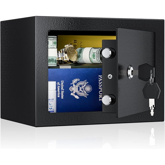 Small Home Safe Box with Key Lock, 0.23 Cubic Feet Steel Security Hidden Safe for Money, Jewelry, Passport, Medicine, High Security Safety Box for Home, Office, Hotel Use