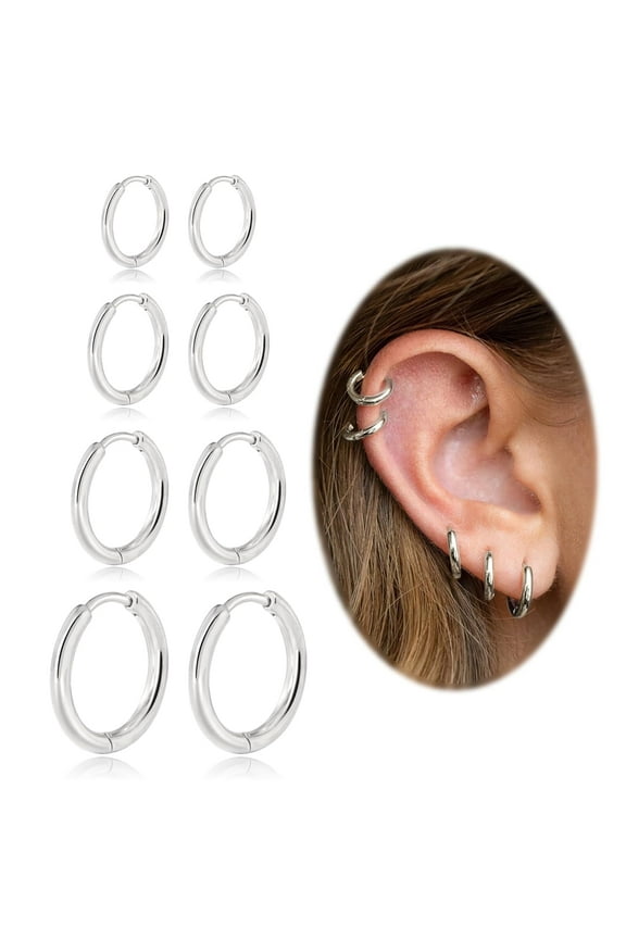 Small Hoop Earrings for Women Men Silver Huggie Hoop Earrings for Cartilage Helix Hypoallergenic Surgical Stainless Steel Earrings 6/8/10/12mm Thin Silver Hoops Set for Women