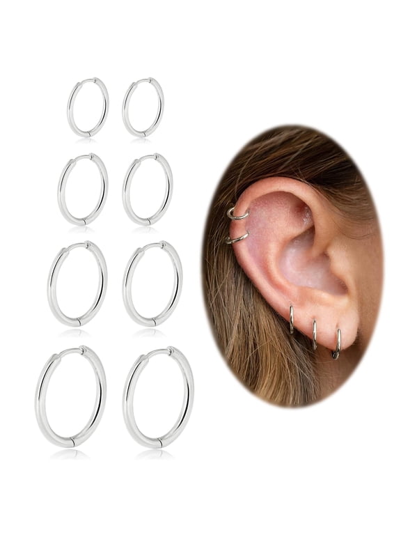 Small Hoop Earrings for Women Men Silver Huggie Hoop Earrings for Cartilage Helix Hypoallergenic Surgical Stainless Steel Earrings 6/8/10/12mm Thin Silver Hoops Set