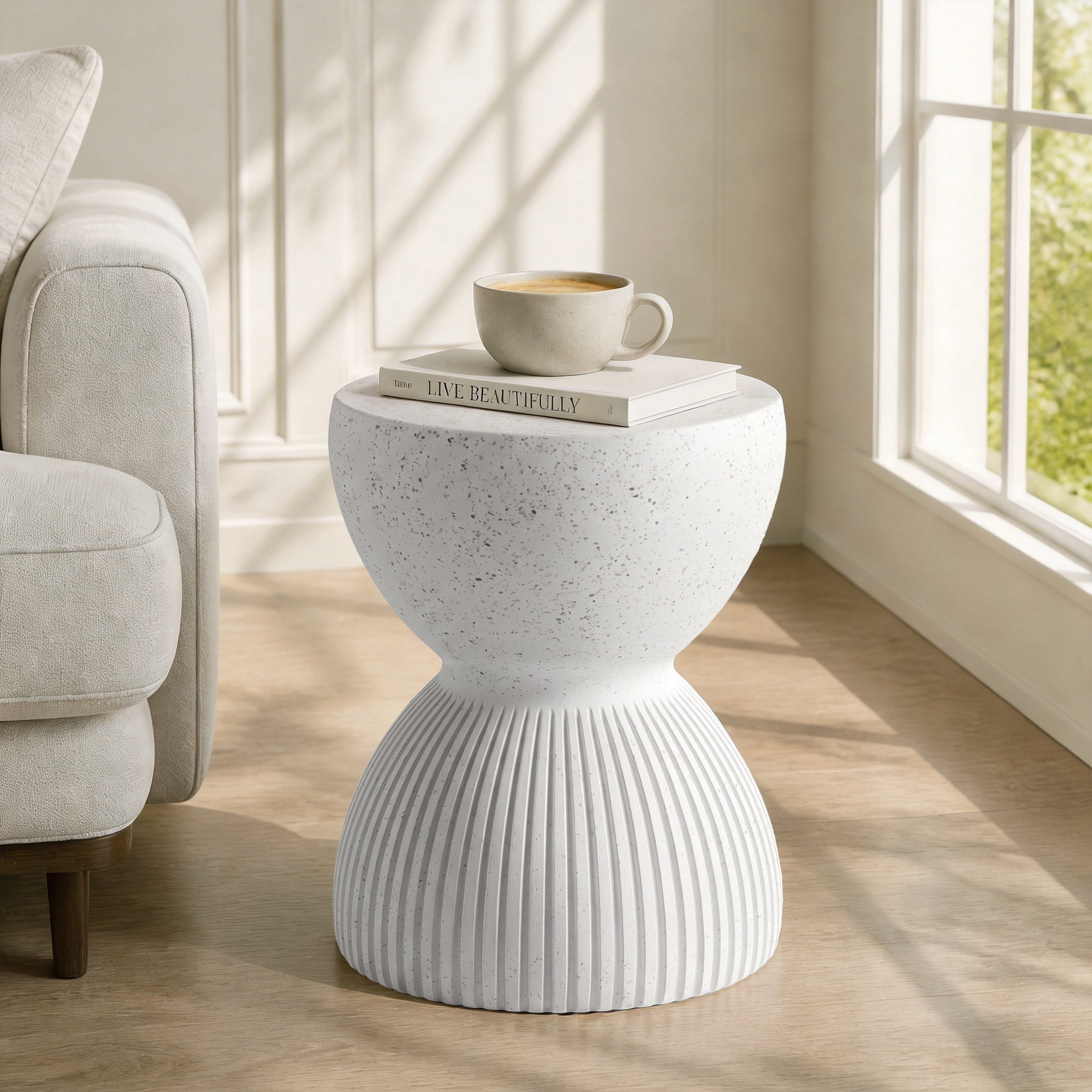 Small Hourglass MGO Side Table – Durable Construction, Textured Base, White Speckled Terrazzo