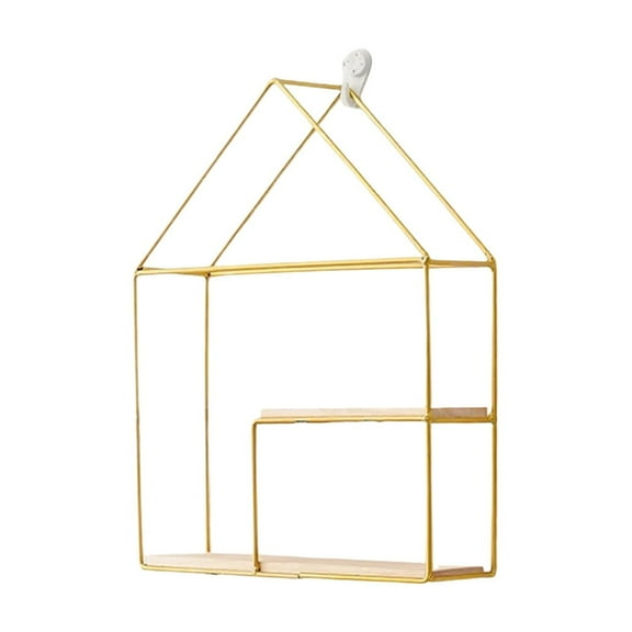 Small House Shape Double Layer Wall Mounted Shelf No-Drill Installation Iron Wall Storage Organizer Cute House Design Wall Shelf Living Room Bedroom Gold Black Finish Sturdy Construction Decoration