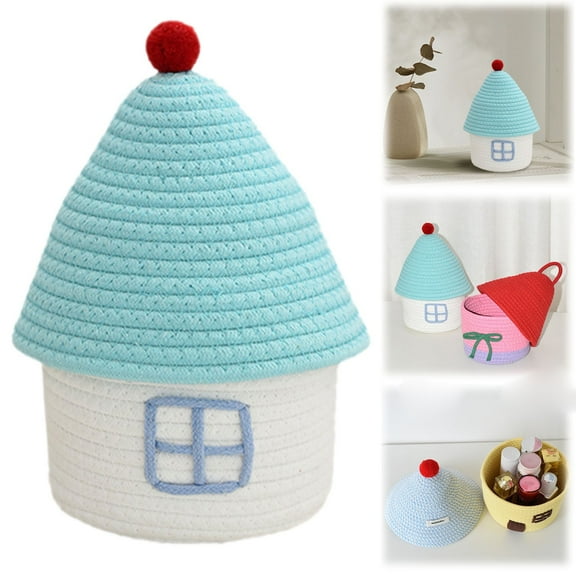 Small House Storage Bucket With White Background And Blue Cover Storage Case Color:B Material:Cotton