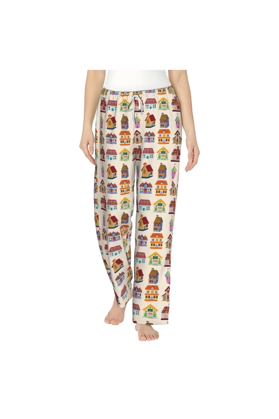 Small Houses Colored Women's Comfy Pajama Pants with Pockets, Soft Stretch Drawstring Lounge Pants, Soft Casual Wide Leg PJS Sleep Bottoms Medium