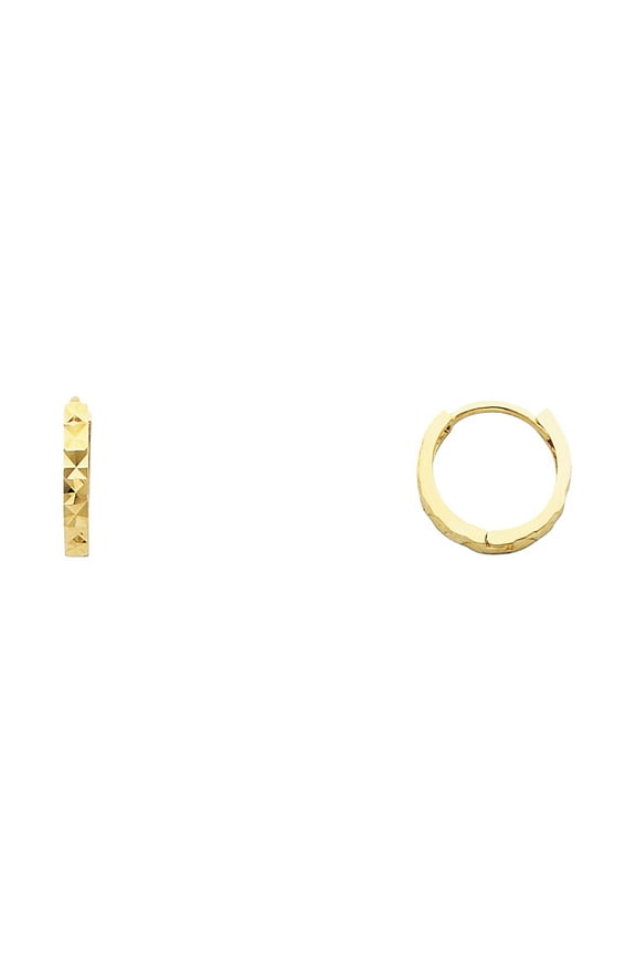 Small Huggie Hoop Earrings Solid 14k Yellow Gold Round Diamond Cut Square Tube Huggies 11 x 2 mm