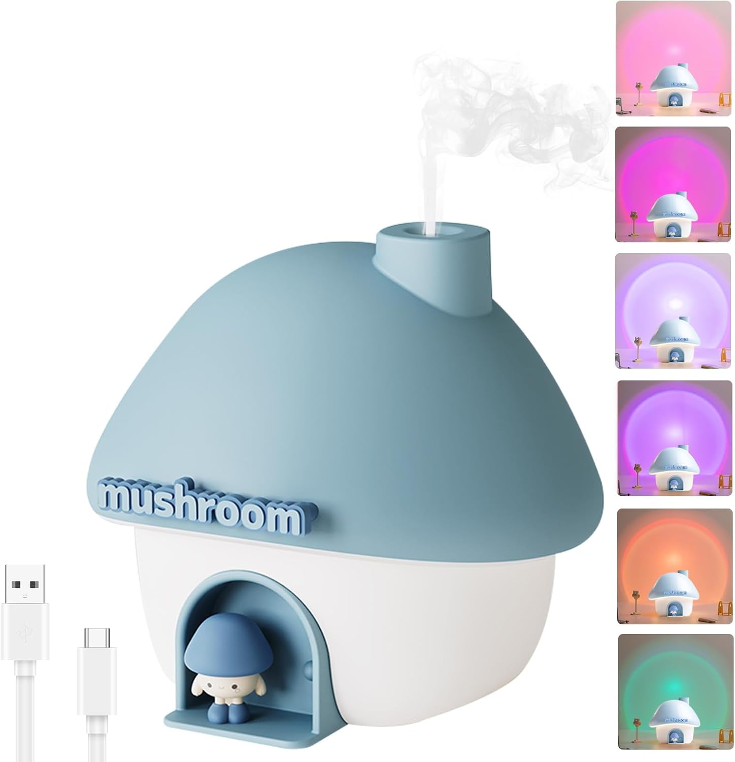 Small Humidifier for Bedroom, 300ML Mushroom House Mini Humidifier with 6 Colors Sunset Light, 2 Spray Modes Portable Baby Humidifier, Cute Rechargeable Mushroom Night Light for Kids