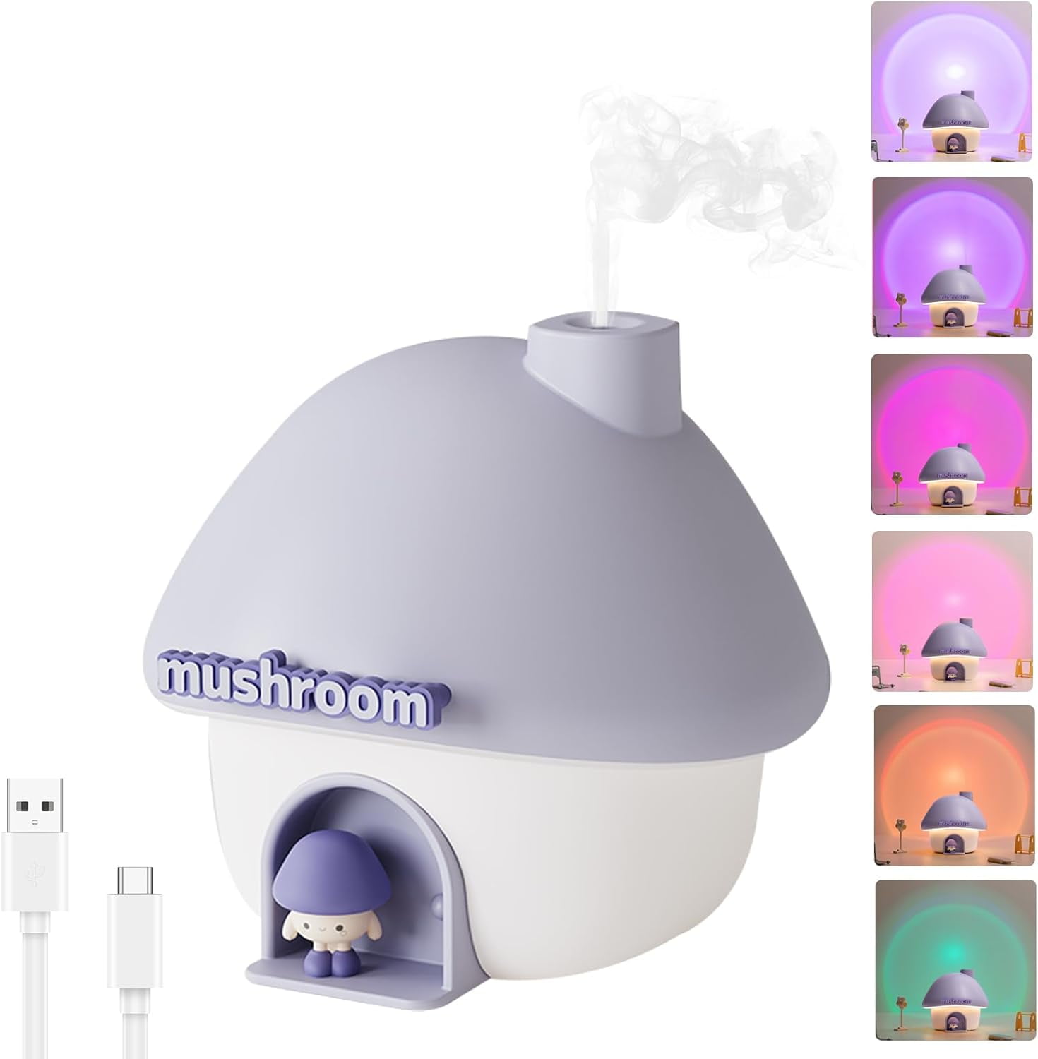 Small Humidifier for Bedroom, 300ML Pur House Mini Humidifier with 6 Colors Sunset Light, 2 Spray Modes Portable Baby Humidifier, Cute Rechargeable Mushroom Night Light for Kids