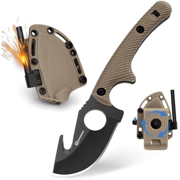 Small Hunting Knife HO-YN, Compact Fixed Blade Knife with Gut Hook, Rotating Clip & Whistle for Fishing & Outdoor (Khaki)