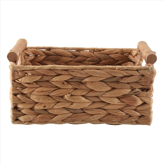 Small Hyacinth Wicker Storage Basket with Wooden Handle for Bathroom Organizing